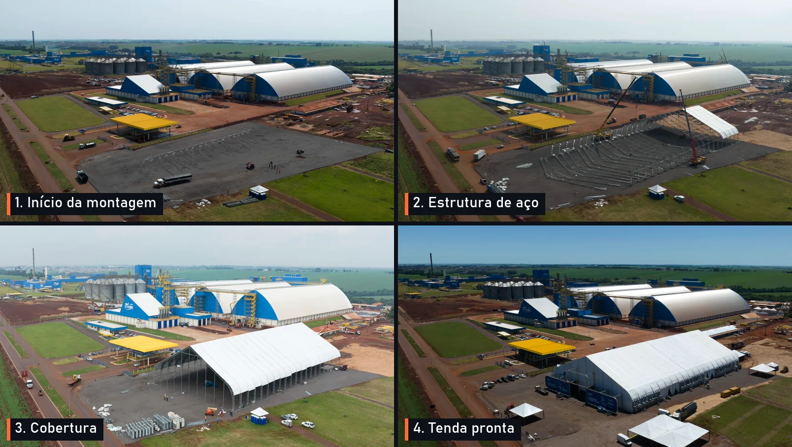 Quatro etapas da montagem da tenda de 5.000 m² da C.Vale, vistas de drone